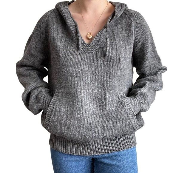 Hand Knit Unisex Grey Hooded Oversized Sweatshirt Hippie Hoodie Sz L - Picture 6 of 8